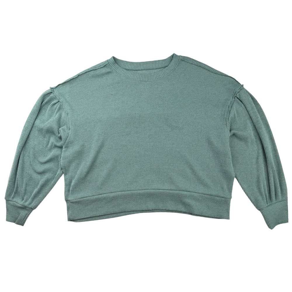 SO Ribbed Knit Sweater Balloon Sleeve Sage Green Relaxed‎ Boho Lightweight XXL